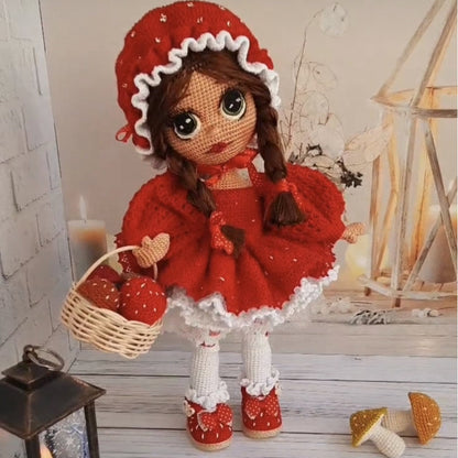 Crochet Doll Maria with Red Dress, Amigurumi Doll Finished