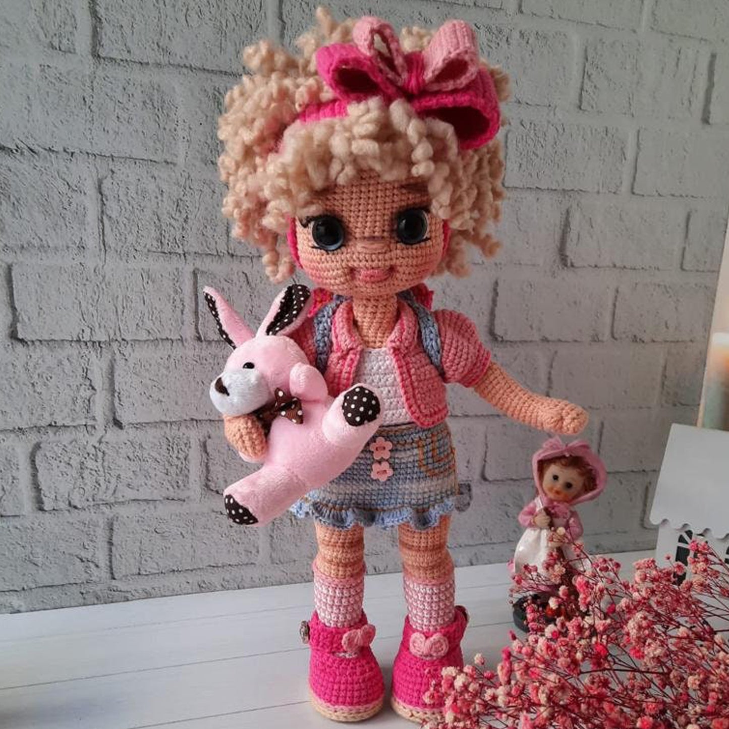 Crochet Girl Doll with Blonde Curly Hair Poseable and Wearable