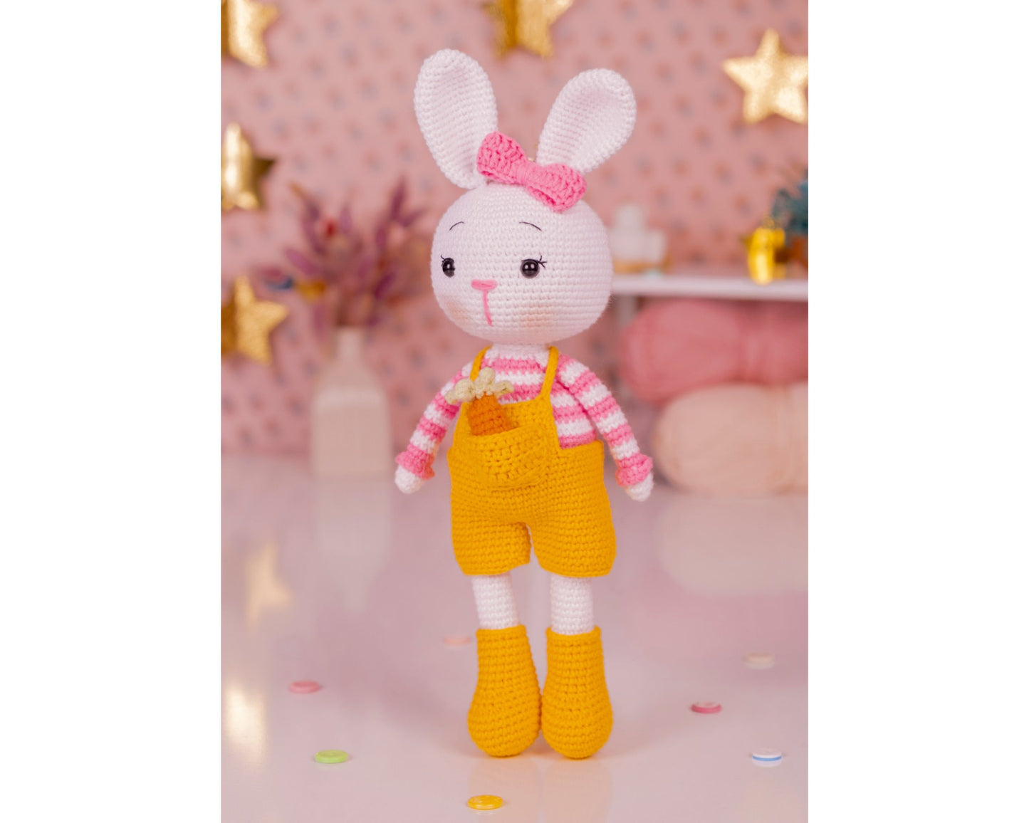 Dora the Amigurumi Bunny Doll Yellow Short Overalls, Cute Crochet Rabbit Toy