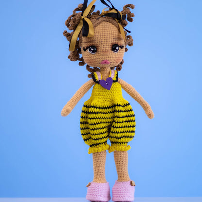 Crochet Doll with Yellow Short Overalls and Pink Shoes Poseable, Amigurumi Doll