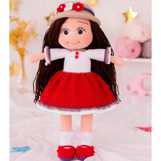 Cute Crochet Doll Red White Mini Circle Dress Straw Bowler Hat Shoes, Amigurumi Pretty Doll Birthday Present