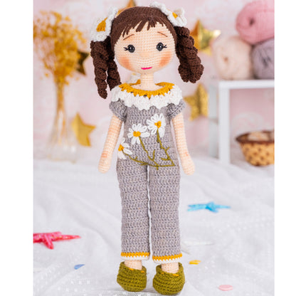 Crochet Daisy Girl Doll Curly Hair Clips Grey Overalls White Orange Collar