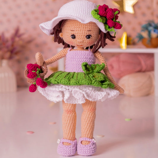 Cute Crochet Doll Raspberry Summer Dress, Pretty Amigurumi Raspberry White Green Hat Basket Doll