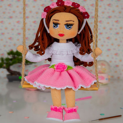 Crochet Doll with Smart Hair, Cute Amigurumi American City Girl Doll in Sugar Pink Dress