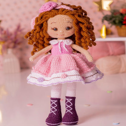 Cute Party Dress Curled Hair Girl Crochet Doll, Beautiful Amigurumi Doll in Purple Boots