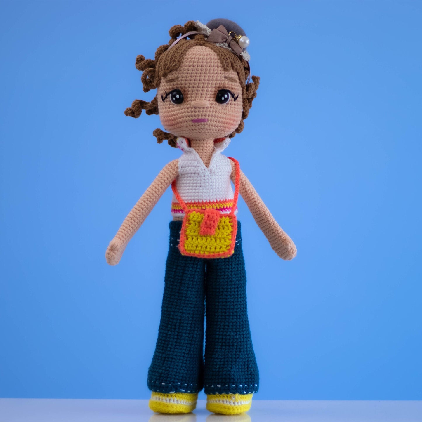 Crochet Doll with Short Hair Jeans Clutch and Cute Headband Poseable Girl Gift