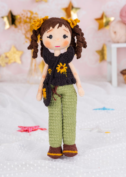 Crochet Daisy Girl Doll Curly Hair Clips Grey Overalls White Orange Collar