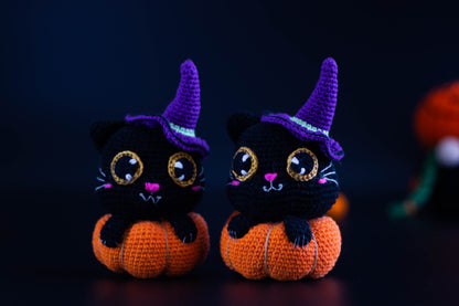 Handmade Halloween Gift Crochet Black Cat in Pumpkin