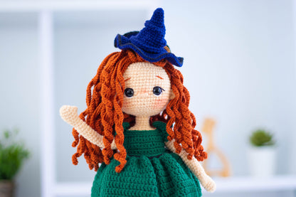 Pretty Amigurumi Girl Doll with Curly Ginger Hair Navy Blue Hat, Cute Crochet Doll Sweet Boots, Stuffed Doll Sleeveless Pouf Dress Tulle