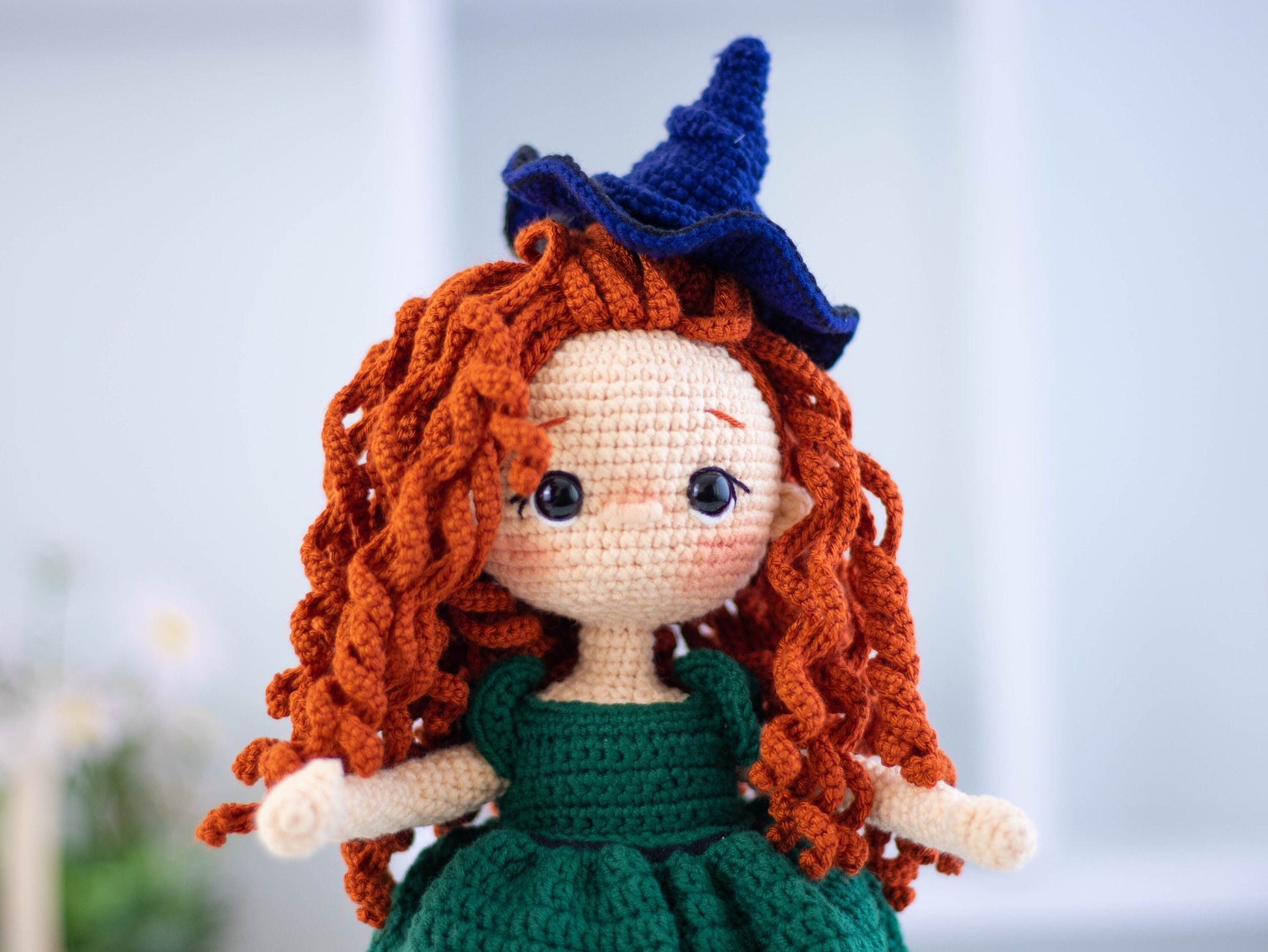Crochet Doll Witch Girl, Amigurumi Doll with Clothes, for Sale, Finished, with Curly Hair, with Hat, Cute Crochet Doll, Knitted Doll, Plush