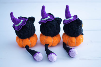 Handmade Halloween Gift Crochet Black Cat in Pumpkin