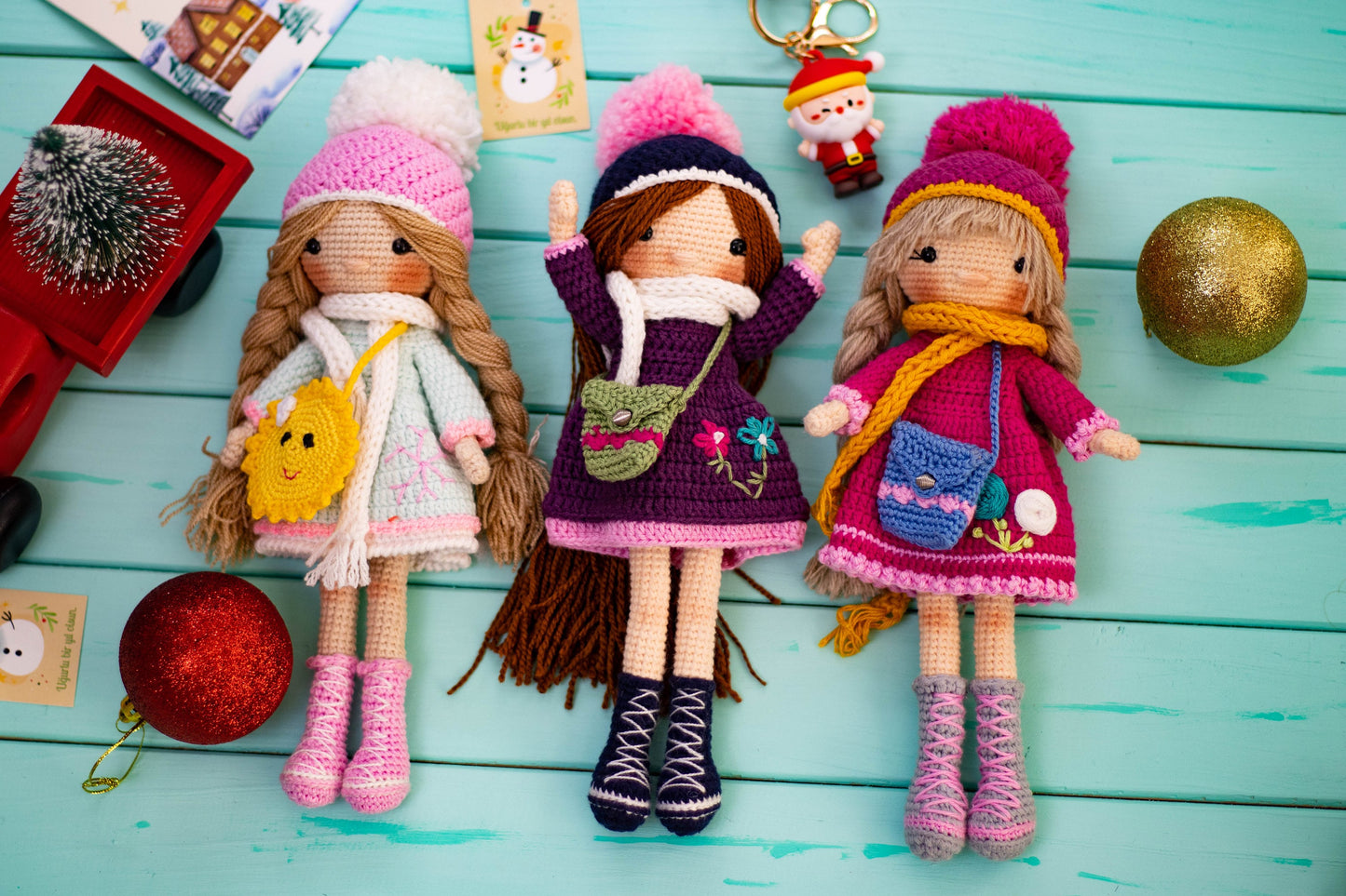 Crochet Beautiful Snowflake Girl Doll, Amigurumi Poseable Doll, CHRISTMAS Gift Cute Party Girl Doll with Beanie Scarf Clutch two Braid Hair