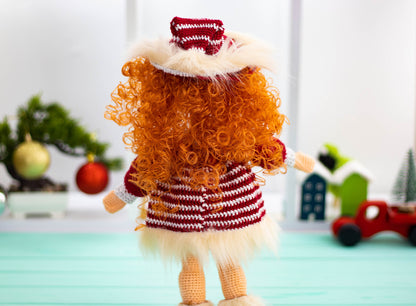 Crochet Doll Curly Hair, Knit Doll with Hat, Amigurumi Doll