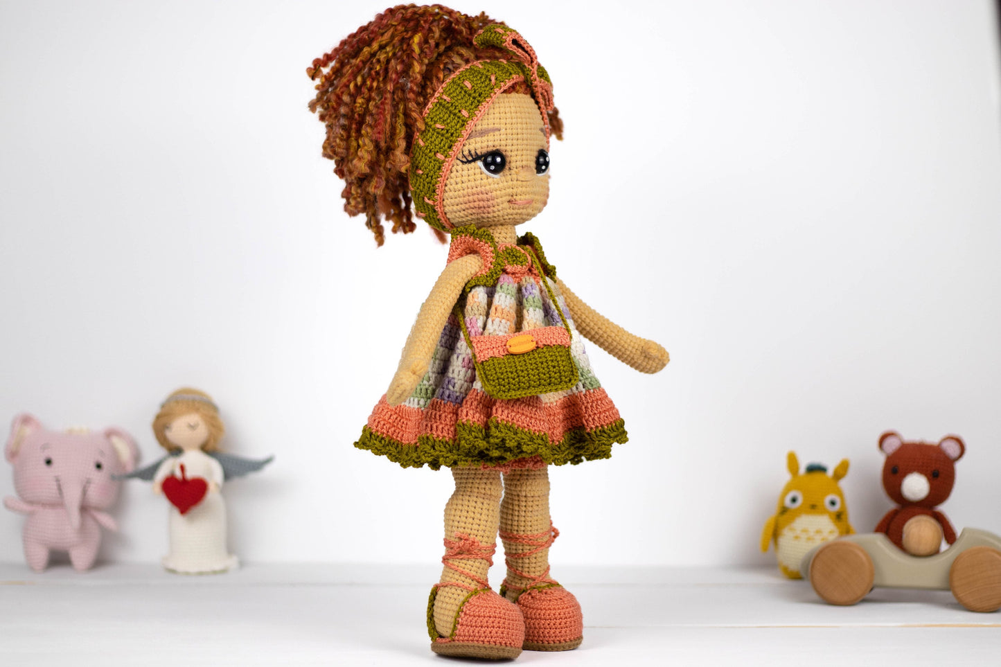 Crochet Doll Curly Hair Girl with Headband, Amigurumi Pretty Girl Doll, Plush Doll with Clutch, Knit Doll Toy, Handmade Stuffed Doll Gift