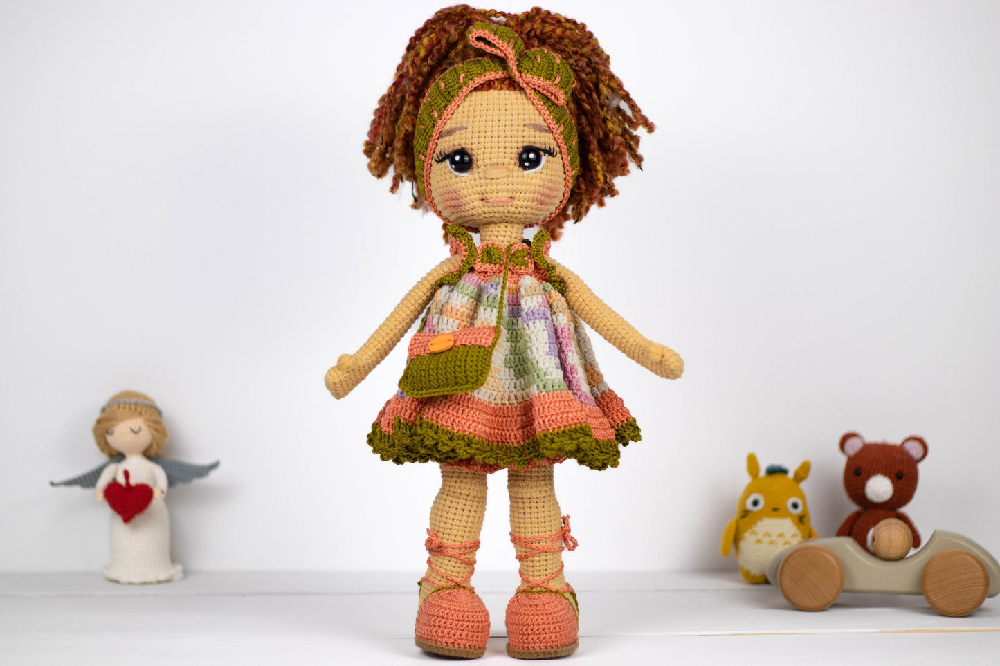 Crochet Doll Curly Hair Girl with Headband, Amigurumi Pretty Girl Doll, Plush Doll with Clutch, Knit Doll Toy, Handmade Stuffed Doll Gift