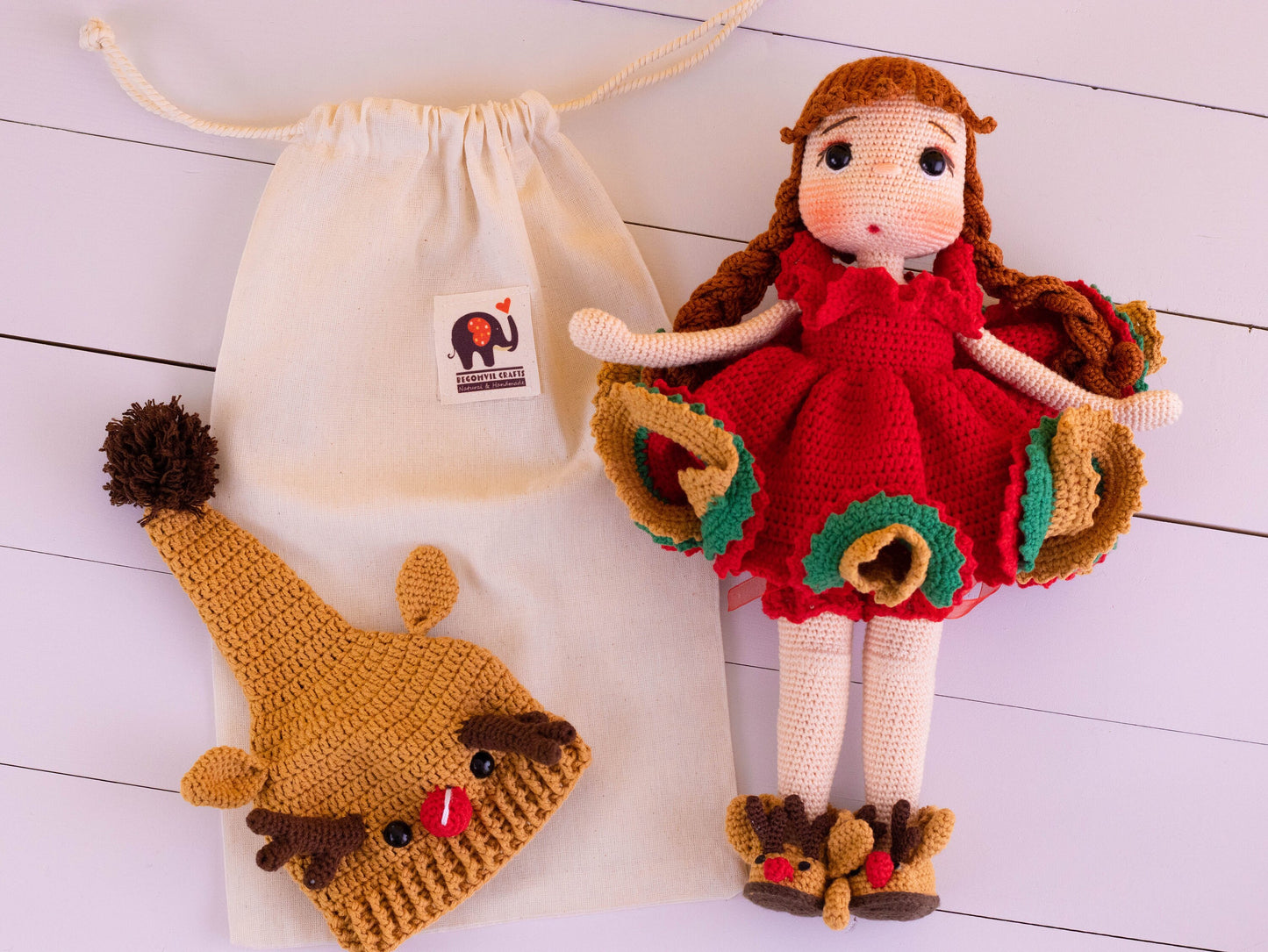 Crochet Girl Doll with Deer Hat, Amigurumi Doll with Reindeer Hat Shoes