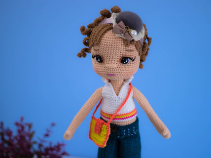Crochet Doll with Short Hair Jeans Clutch and Cute Headband Poseable Girl Gift
