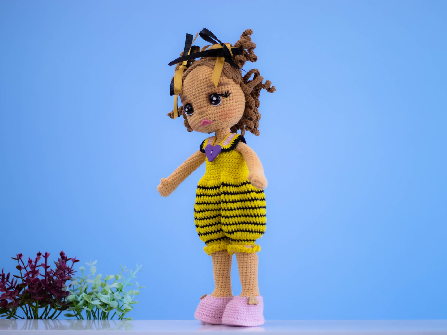 Crochet Doll with Yellow Short Overalls and Pink Shoes Poseable, Amigurumi Doll