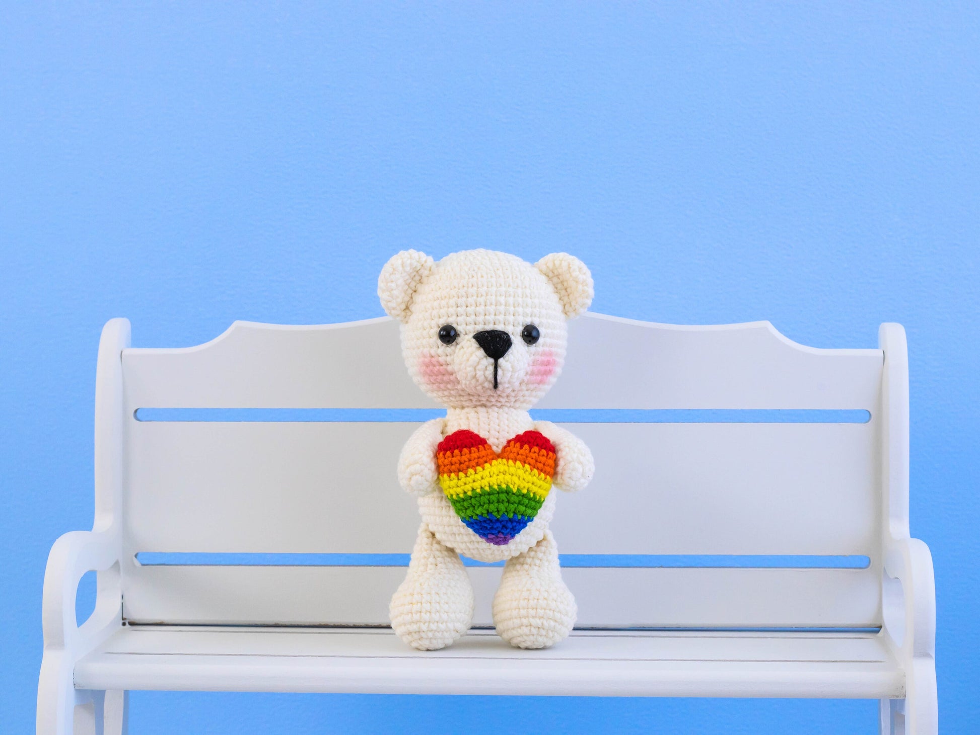 Crochet Teddy Bear Plush with LGBT Heart, Amigurumi Teddy Bear Plushie with Pride Colors, Crochet Animals, Knit Bear Plush Rainbow Heart