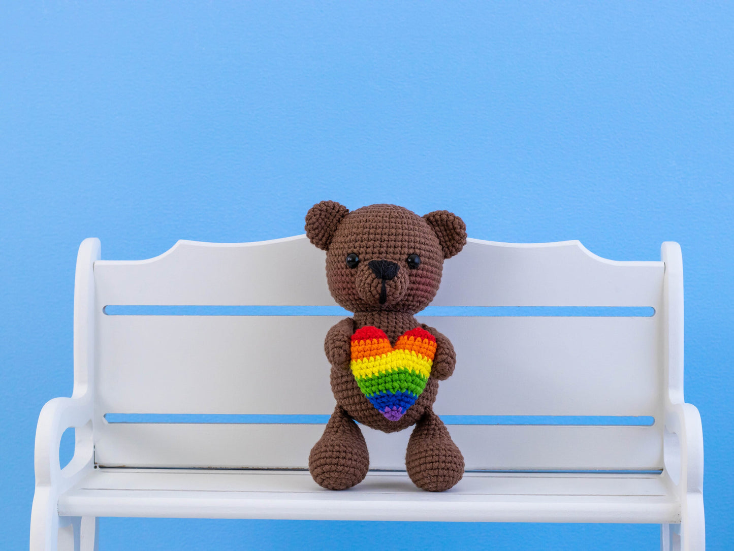 Crochet Teddy Bear Plush with LGBT Heart, Amigurumi Teddy Bear Plushie with Pride Colors, Crochet Animals, Knit Bear Plush Rainbow Heart