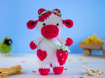 Crochet Cow, Crochet Animals, Amigurumi Animals, Crochet Plushies, Cow Plushie, Strawberry Cow, Crochet Plush, Crocheted Cow, Cute Plushie