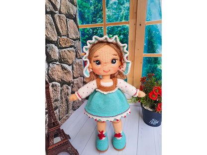 Crochet Doll with Turquoise Dress and Hat, Cute Amigurumi Doll for Girls