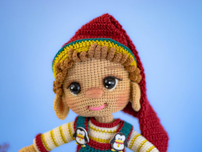Crochet Elf Boy Doll with Overalls and Beanie, Handmade Amigurumi Elf Boy Doll