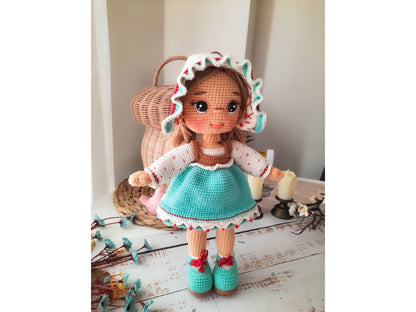 Crochet Doll with Turquoise Dress and Hat, Cute Amigurumi Doll for Girls
