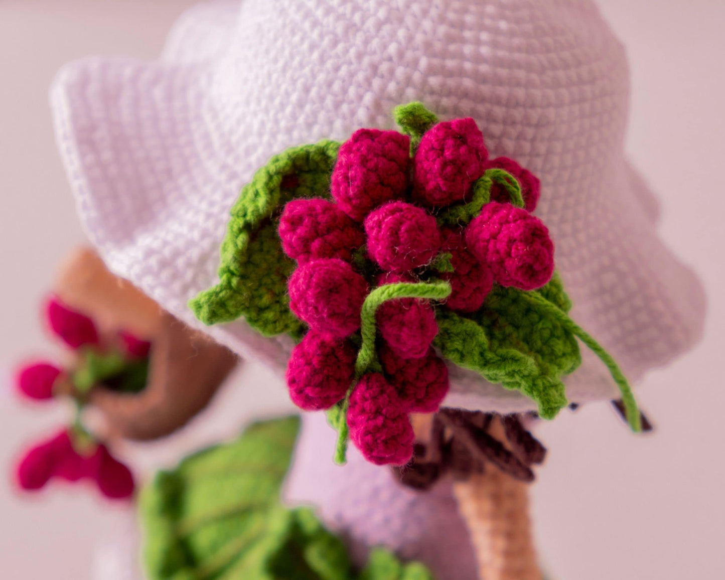Cute Crochet Doll Raspberry Summer Dress, Pretty Amigurumi Raspberry White Green Hat Basket Doll