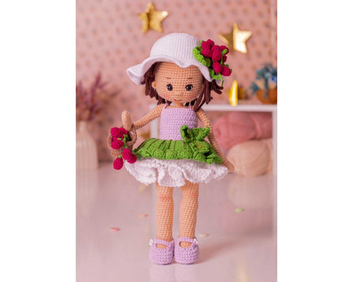 Cute Crochet Doll Raspberry Summer Dress, Pretty Amigurumi Raspberry White Green Hat Basket Doll
