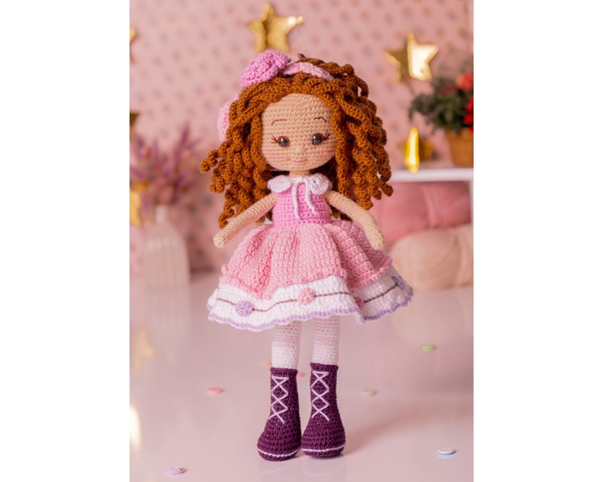 Cute Party Dress Curled Hair Girl Crochet Doll, Beautiful Amigurumi Doll in Purple Boots, CHRISTMAS Gift for Daughter, Stuffed Toy Present