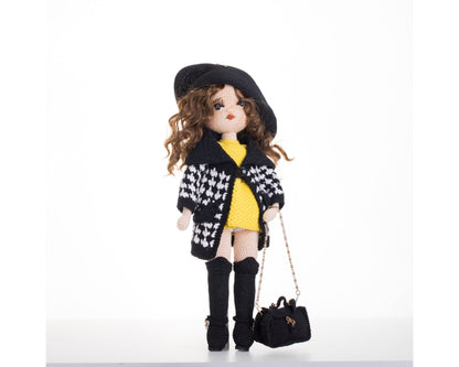 Cute Crochet Doll in Tartan Trench Coat, Vintage Amigurumi Doll in High Boots