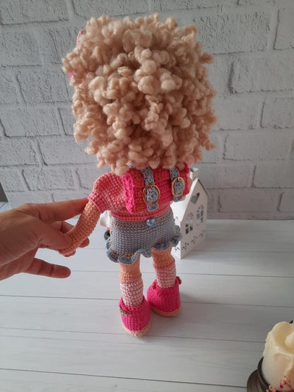 Crochet Girl Doll with Blonde Curly Hair Poseable and Wearable, Amigurumi Handmade Beautiful Doll with Toy, Cute Knit Doll Gift for Girls