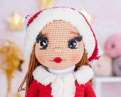 Crochet Santa Girl Doll Father Costume Jeans,Cute Amigurumi Santa Girl