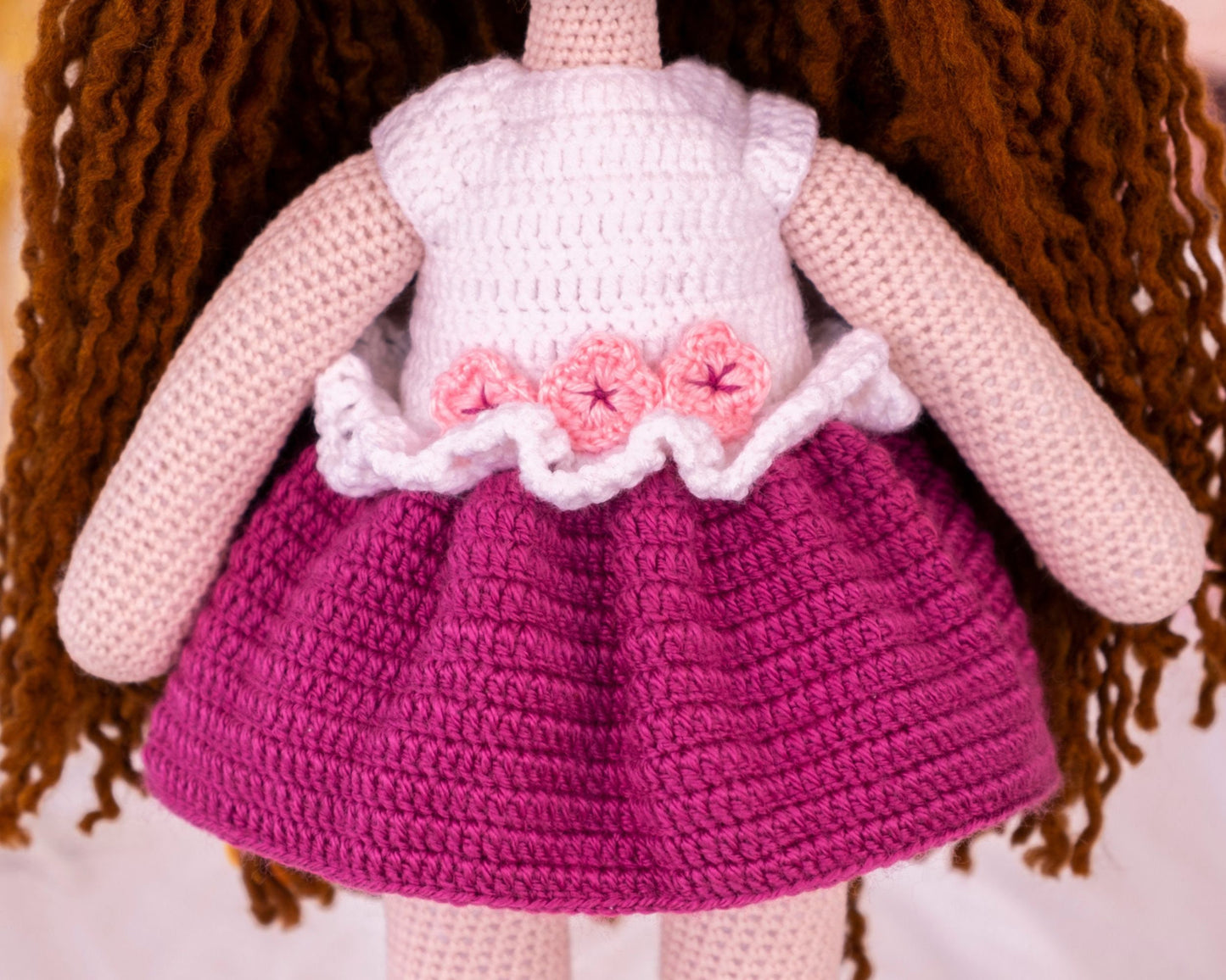 Amigurumi Doll with Curly Hair Hat White Purple Minidress Shoes