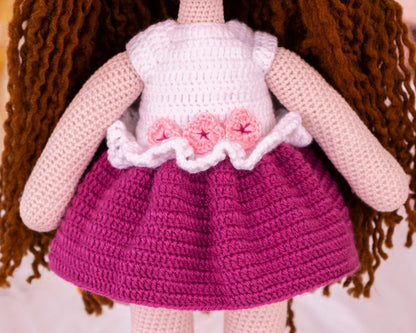 Amigurumi Doll with Curly Hair Hat White Purple Minidress Shoes