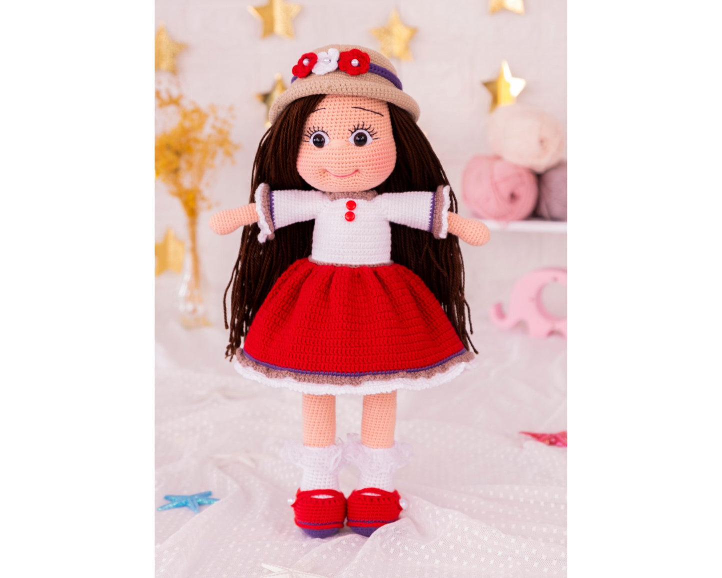 Cute Crochet Doll Red White Mini Circle Dress Straw Bowler Hat Shoes, Amigurumi Pretty Doll Birthday Present