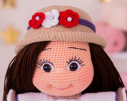 Cute Crochet Doll Red White Mini Circle Dress Straw Bowler Hat Shoes, Amigurumi Pretty Doll Birthday Present