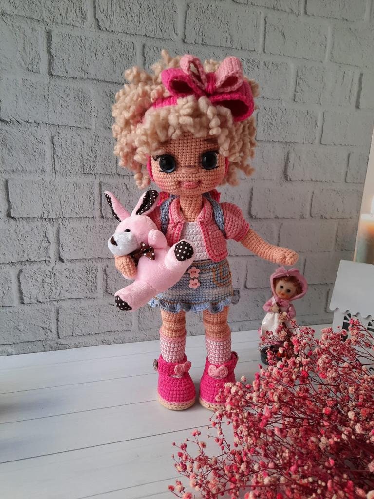 Crochet Girl Doll with Blonde Curly Hair Poseable and Wearable, Amigurumi Handmade Beautiful Doll with Toy, Cute Knit Doll Gift for Girls