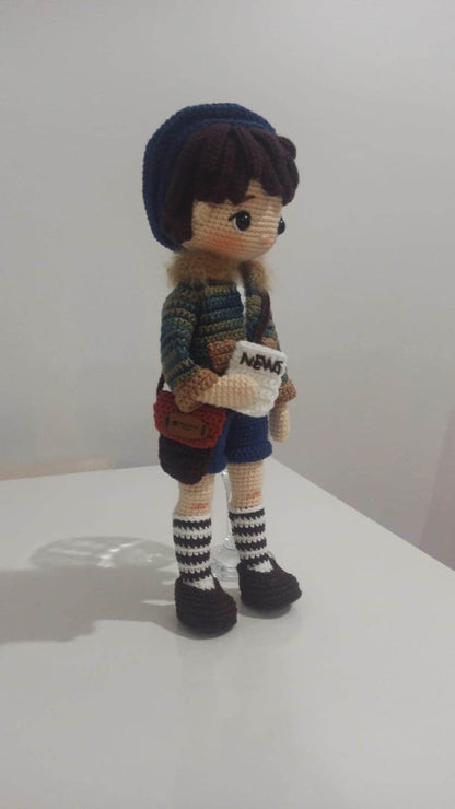 Newsboy, Crochet Doll with Hat, Baby Boy Amigurumi, Baby Boy in Rompers