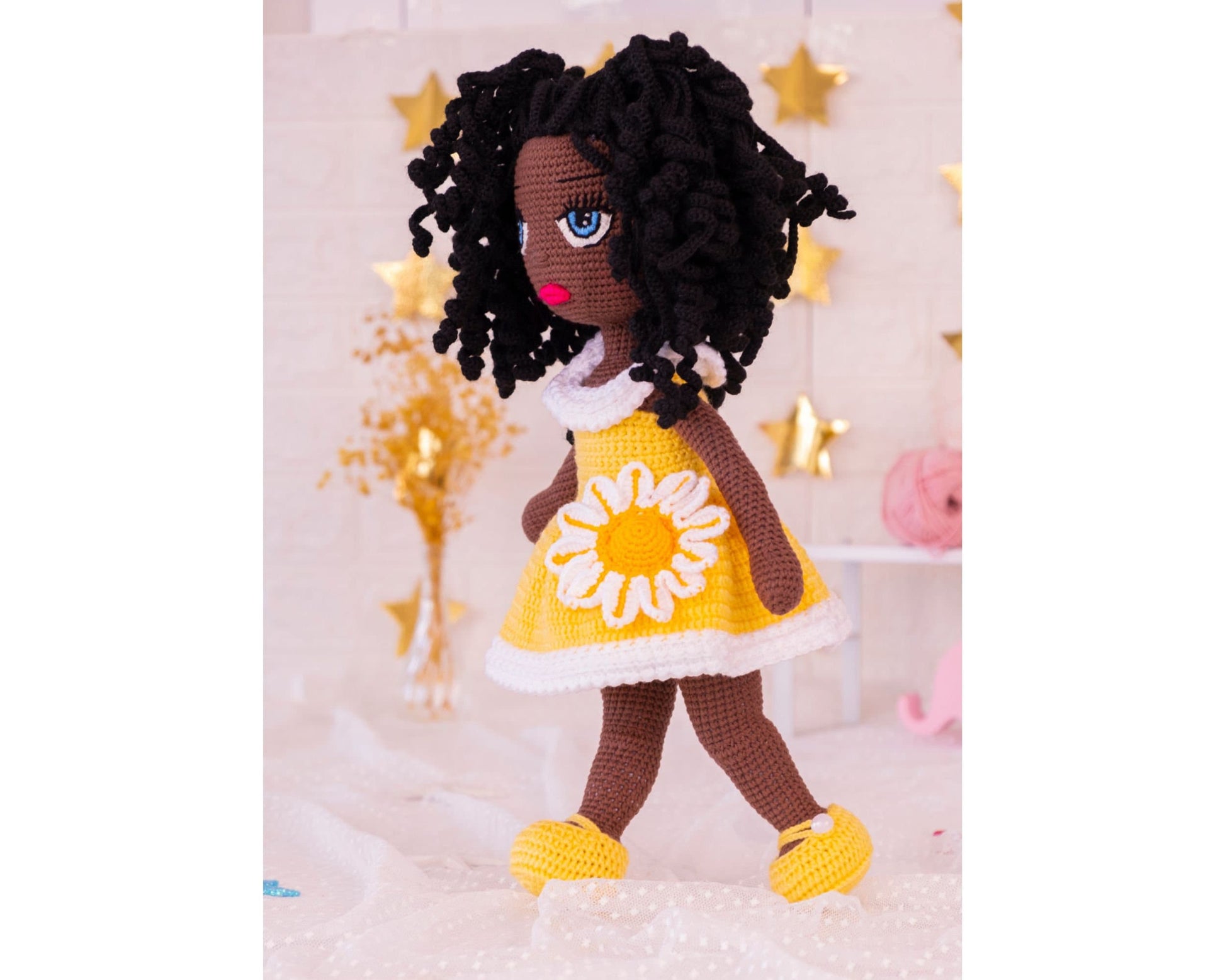 Crochet Doll Black Girl, Curly Hair Doll, Amigurumi Doll, Granddaughter Gift, Daughter Gift, Christmas Doll, Knitted Dolls, Yellow Doll
