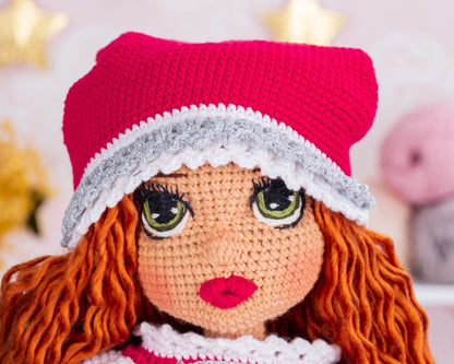 Crochet Girl Doll with Hat, New Year Doll, Handmade Baby Doll, Doll in Red Dress, Amigurumi Baby