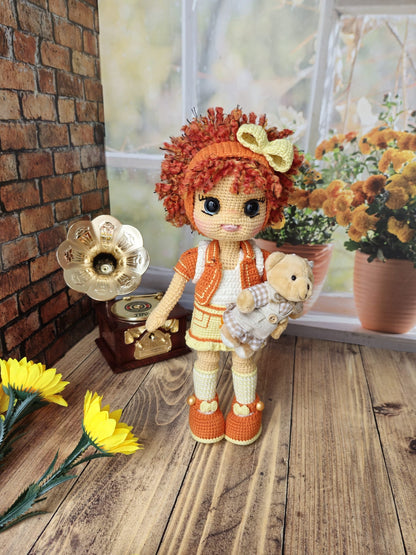 Crochet Doll Tangerine Color, Amigurumi Doll, Knitted Doll, Daughter Gift, Handmade Doll, Christmas Amigurumi, Granddaughter Gift, Yarn Doll